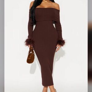 NEW Fashion Nova Elegant Brown Midi Skirt with Feather Detail